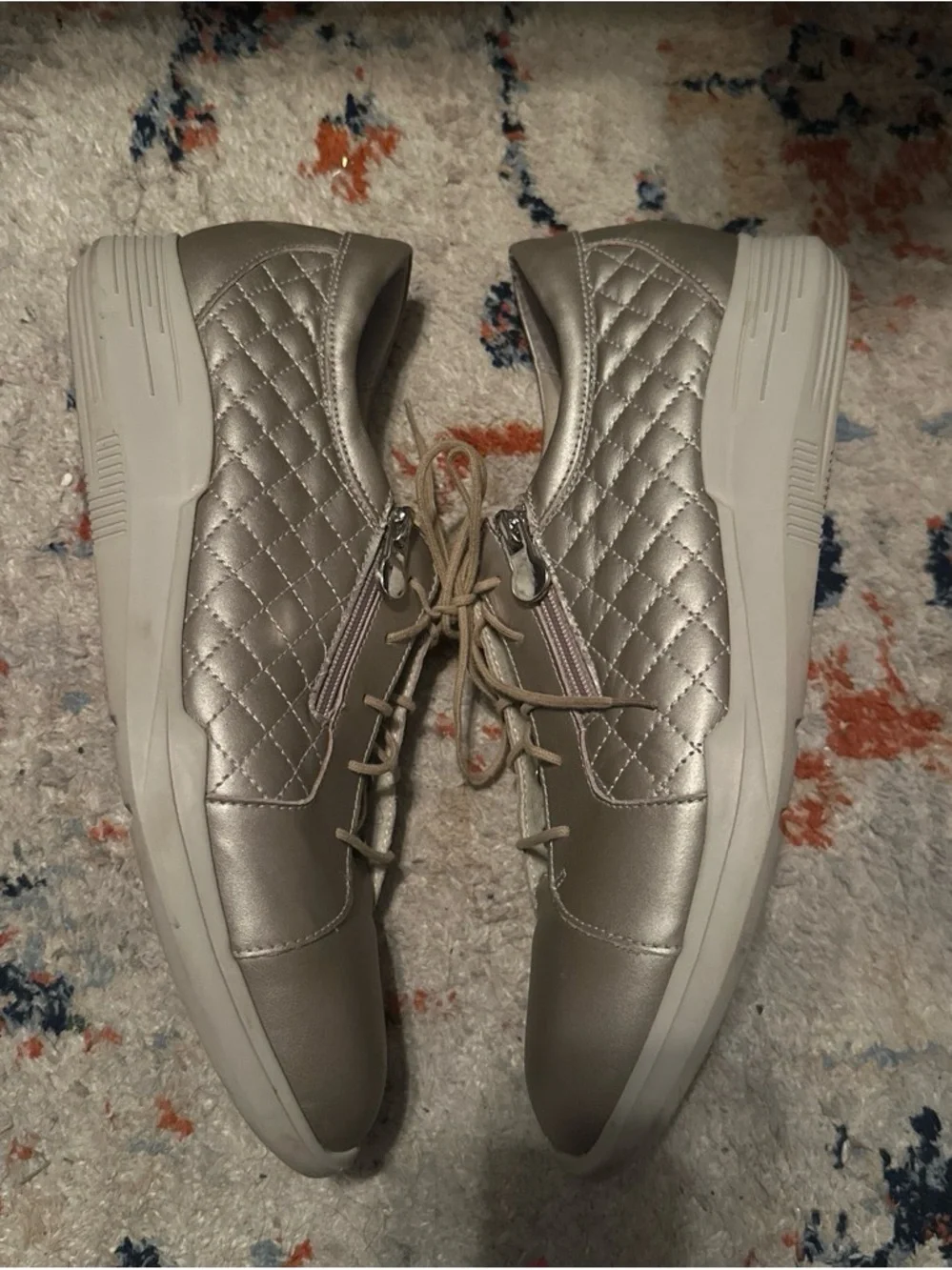 Munro Quilted Lace-Up Sneakers in Metallic Taupe with Maroon Insole Womens 10.5